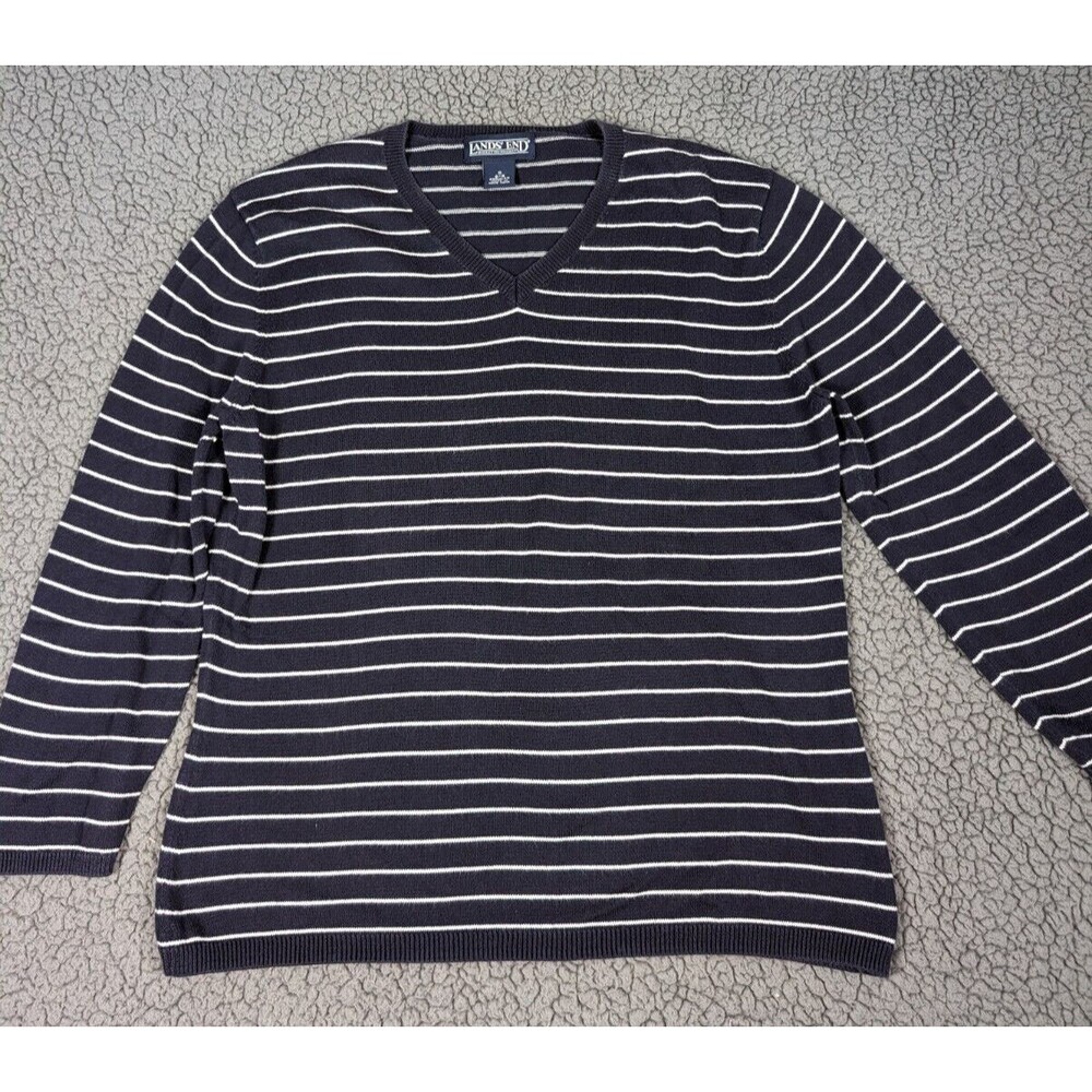 Lands' End Striped Sweater Navy Blue White 3/4 Sleeve 100% Supima Cotton S 6-8